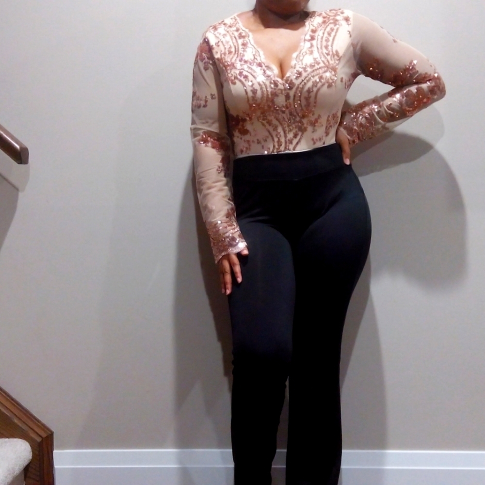 Blush pink netting sequined bodysuit